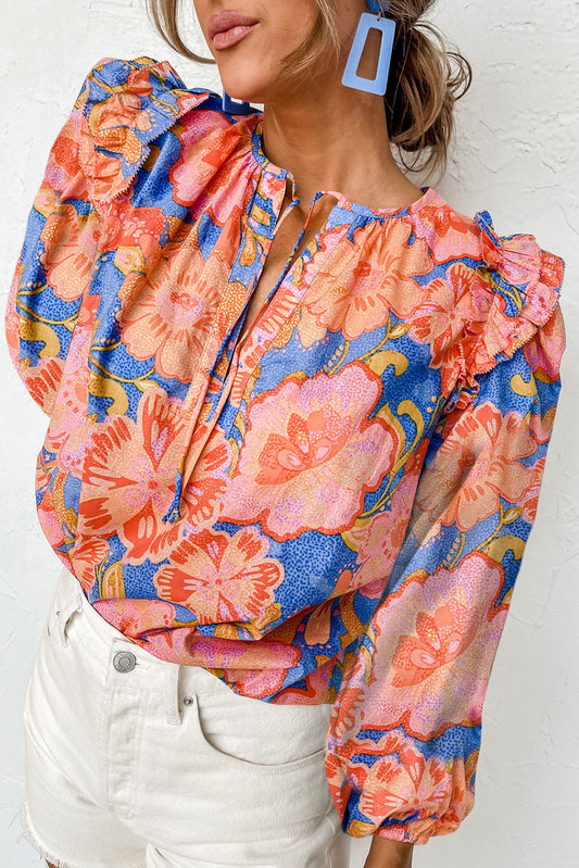 Multicolor Floral Tie Split Neck Puff Sleeve Blouse Tops & Tees JT's Designer Fashion