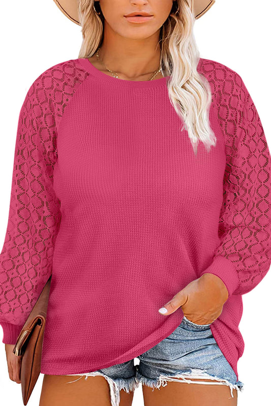 Strawberry Pink Plus Size Contrast Lace Sleeve Waffle Knit Top Plus Size JT's Designer Fashion