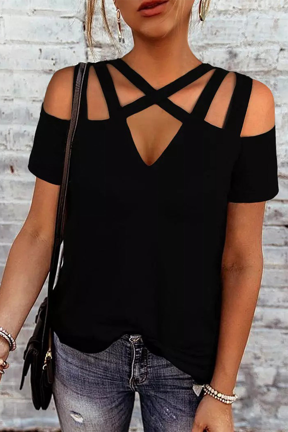 Black Criss-Cross Cut Out Short Sleeve Top Tops & Tees JT's Designer Fashion