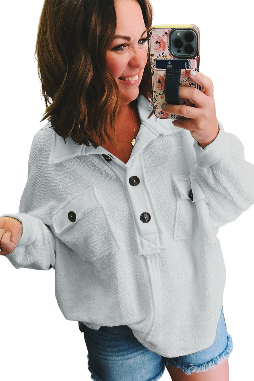 Light Grey White Plus Size Long Sleeve Flap Pocket Henley Top Plus Size JT's Designer Fashion