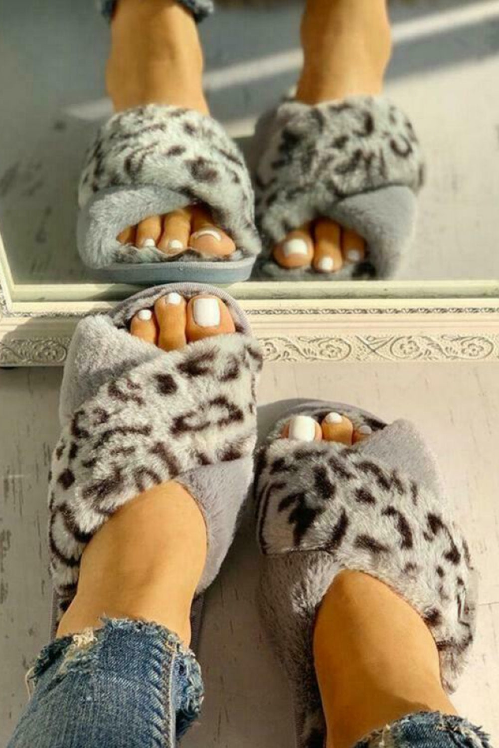 Gray Leopard Crossed Straps Furry Slippers Slippers JT's Designer Fashion