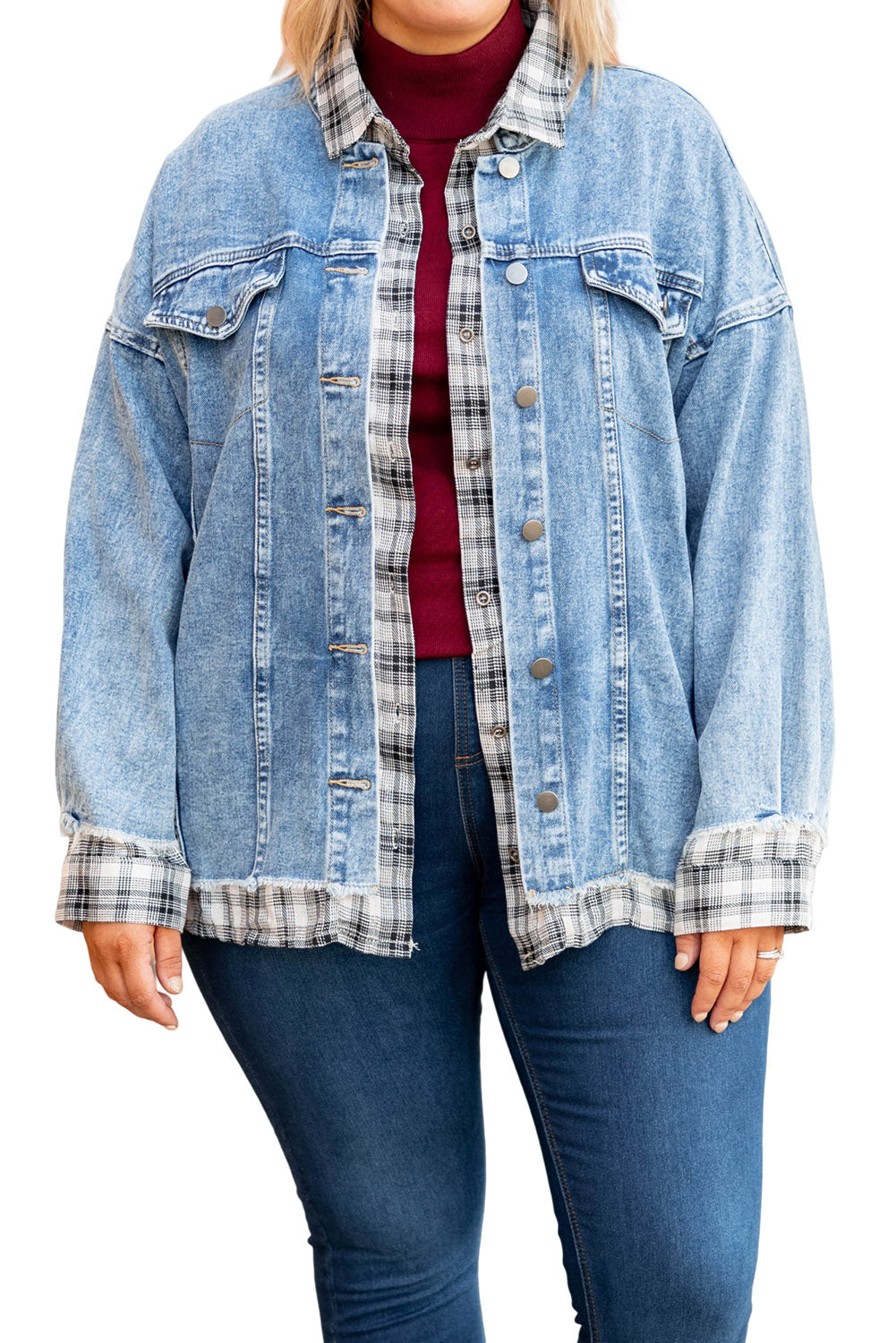 Sky Blue Frayed Plaid Splicing Plus Size Denim Jacket Denim jackets JT's Designer Fashion