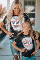 Black Family Matching USA Letter Flag Print Color Block Girl's Top Black 95%Polyester+5%Elastane Family T-shirts JT's Designer Fashion