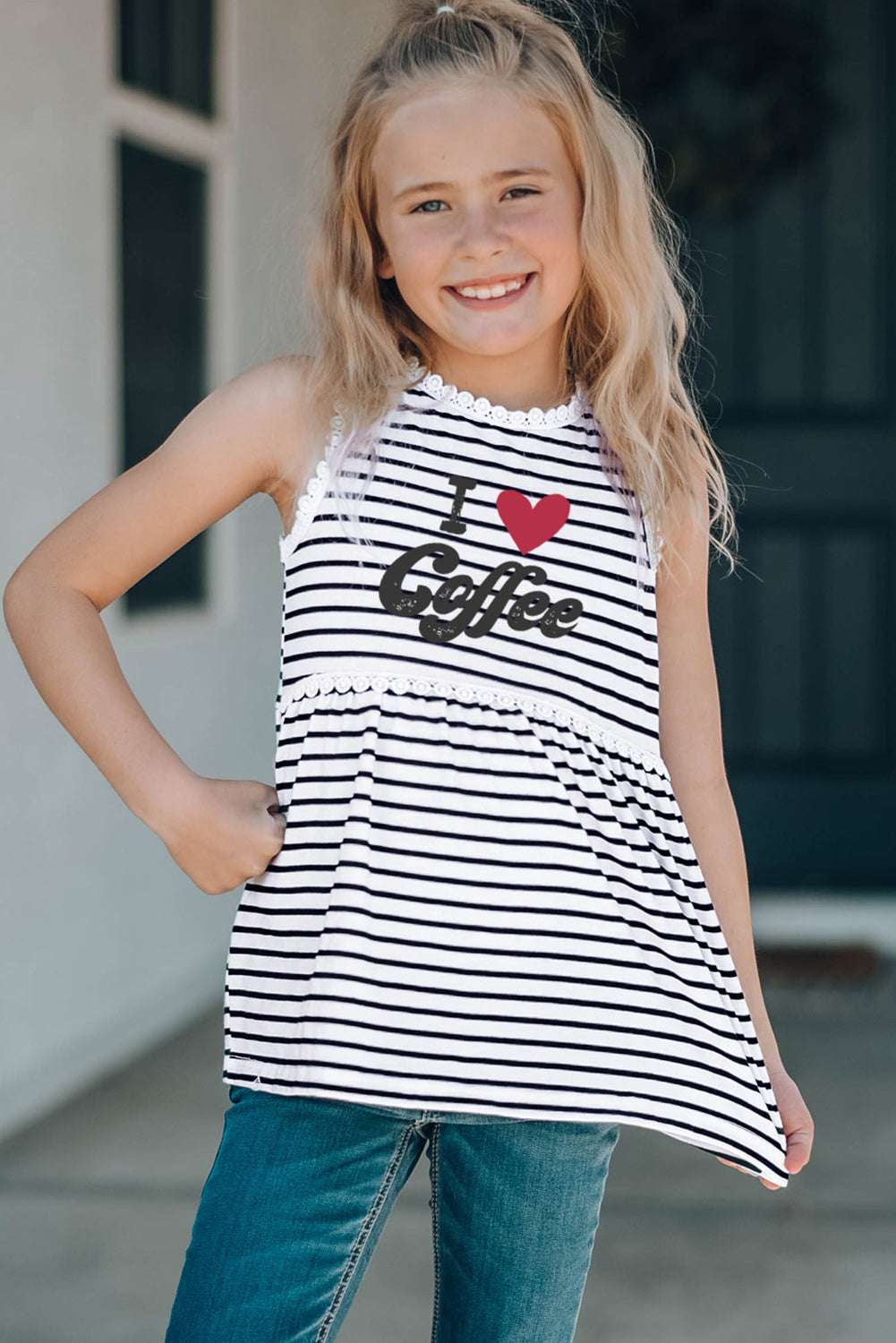 Family Matching I Love Coffee Heart Print Striped Girl's Tank Top Family T-shirts JT's Designer Fashion