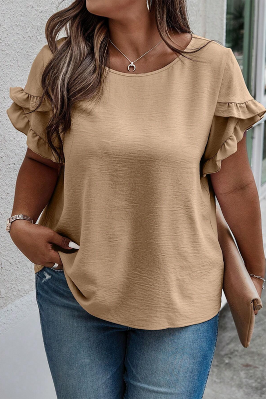 Light French Beige Ruffled Short Sleeve Plus Size Top Plus Size JT's Designer Fashion