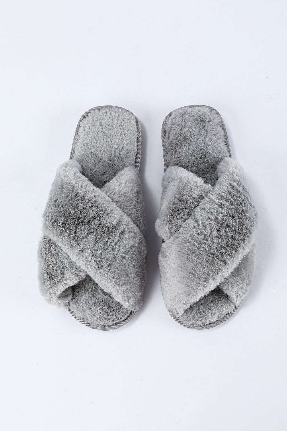 Gray Crossed Straps Winter Furry Slippers Slippers JT's Designer Fashion