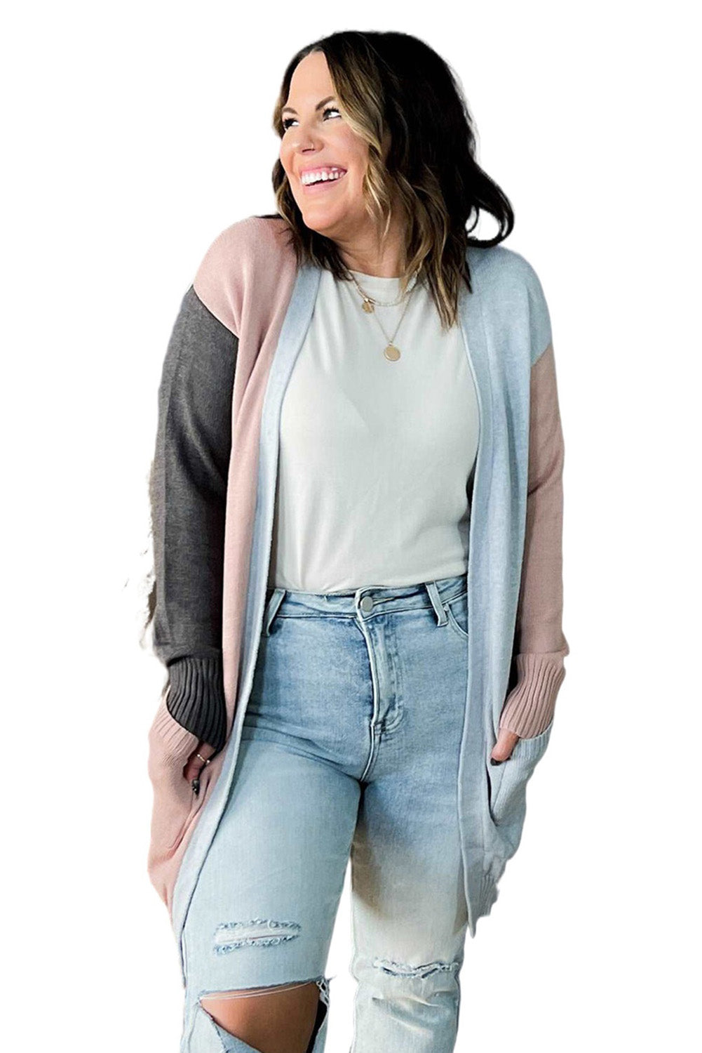 Multicolor Plus Size Colorblock Pocketed Cardigan Plus Size JT's Designer Fashion