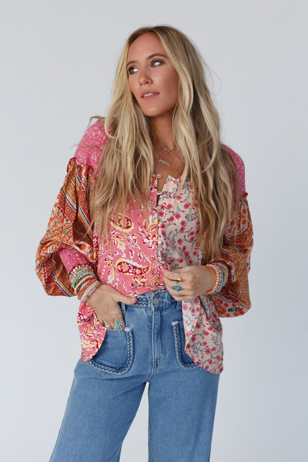 Pink Mixed Floral Printed Puff Sleeve V-Neck Shirt Tops & Tees JT's Designer Fashion