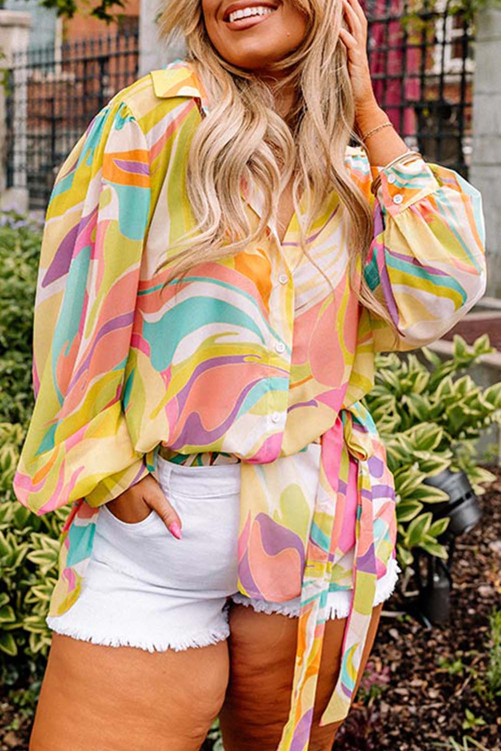 Multicolor Geometric Print Long Sleeve Tied Plus Size Shirt Plus Size JT's Designer Fashion