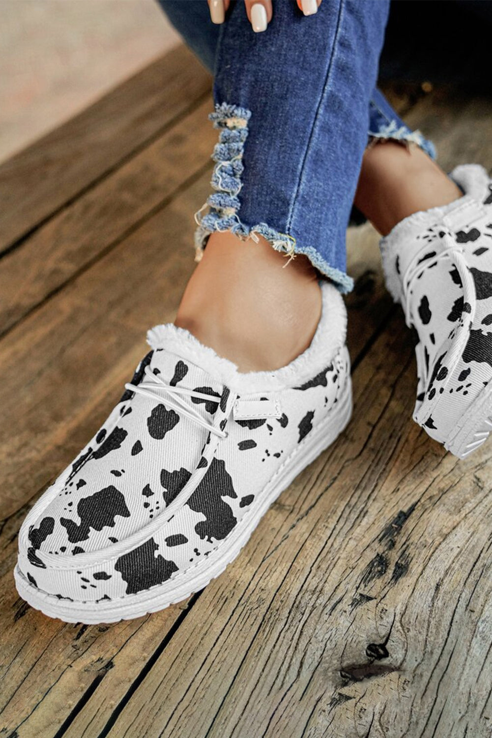 Bright White Cow Pattern Lace-up Decor Front Slip-on Flats Women's Shoes JT's Designer Fashion