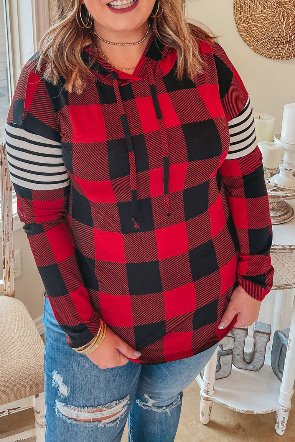 Red Plus Size Plaid Striped Patch Sleeve Hoodie Plus Size JT's Designer Fashion