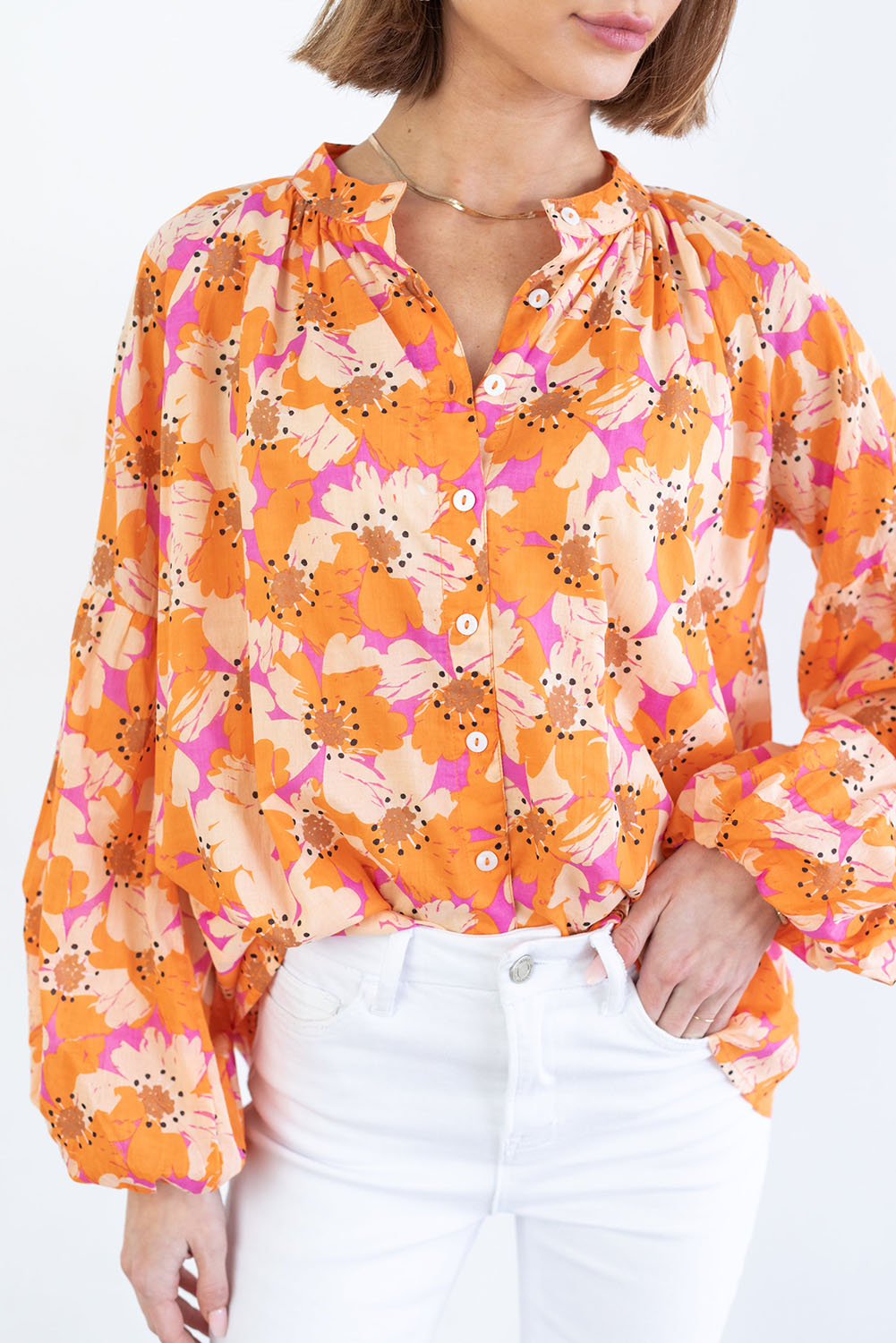 Orange Floral Print Loose Sleeve Shirt Tops & Tees JT's Designer Fashion