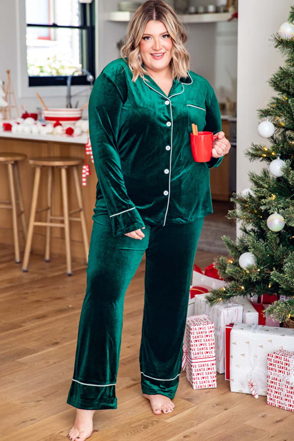 Green Contrast Trim Button-Up Shirt and Pants Plus Size Lounge Set Plus Size JT's Designer Fashion