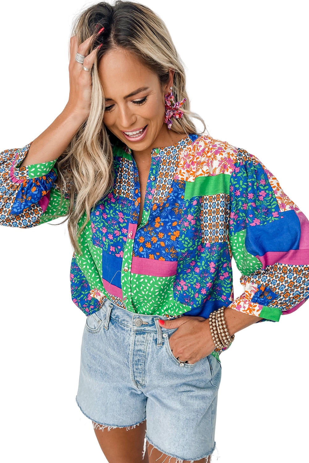 Multicolor Ditsy Floral Patchwork Puff Sleeve Shirt Tops & Tees JT's Designer Fashion