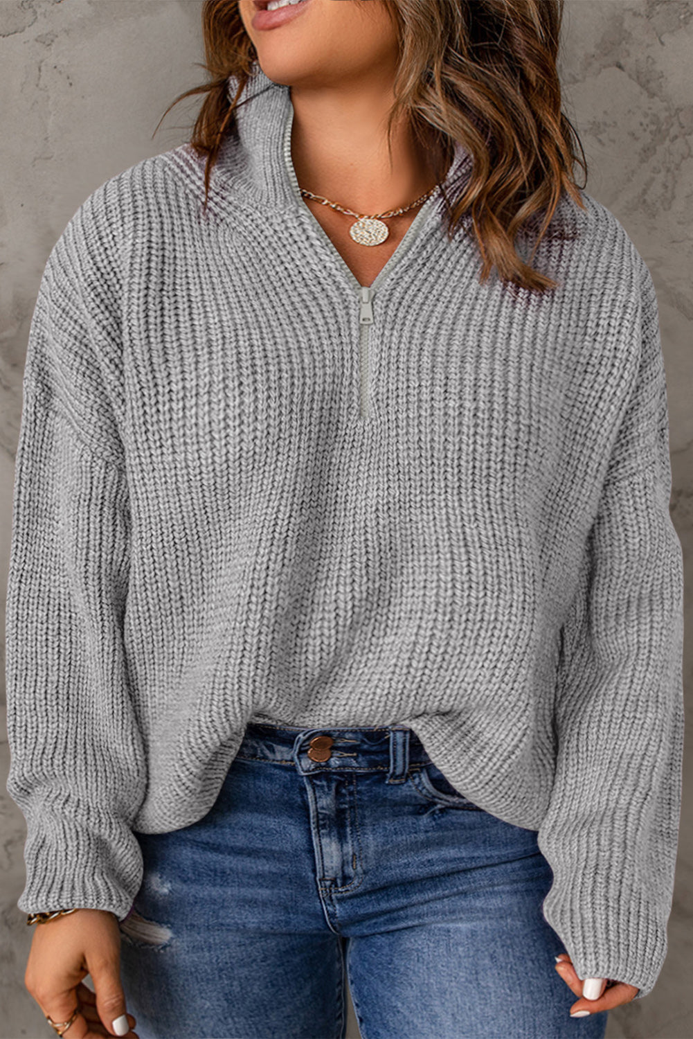 Gray Quarter-Zip Thermal Plus Size Sweater Plus Size JT's Designer Fashion