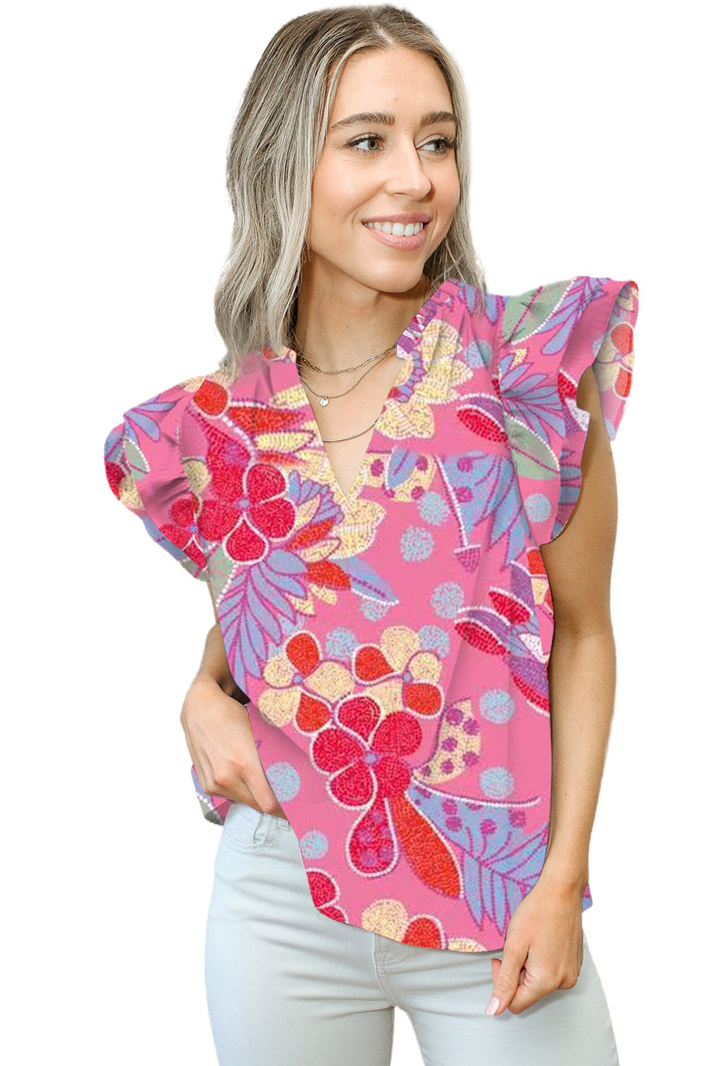 Pink Blue Split V Neck Flutter Floral Top Tops & Tees JT's Designer Fashion