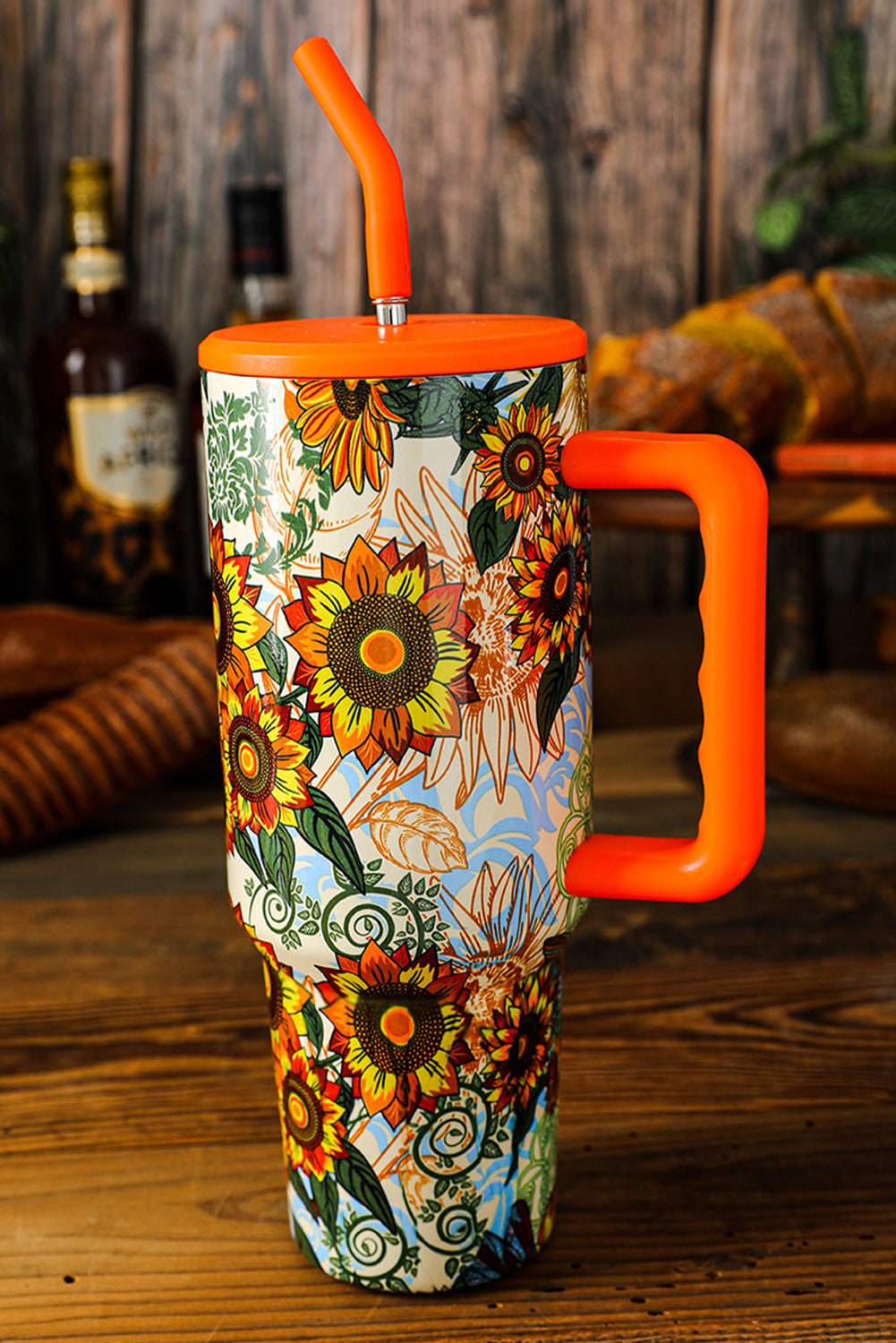 Orange 40oz Sunflower Dragonfly Print Stainless Tumbler Tumblers JT's Designer Fashion