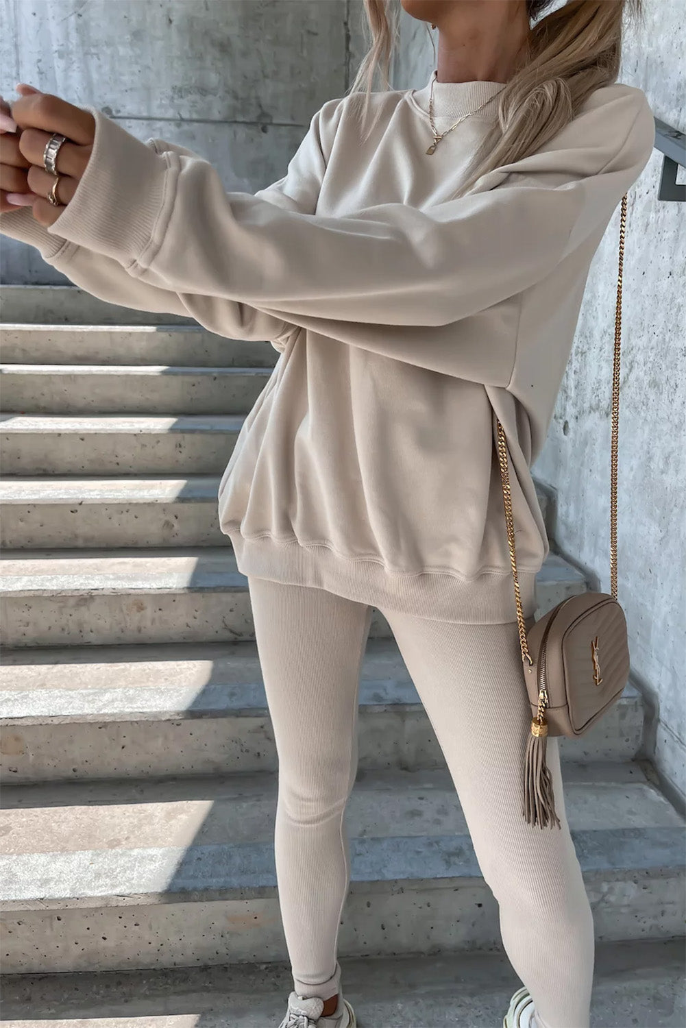 Beige Solid Sweatshirt and Leggings Two Piece Set Bottoms JT's Designer Fashion