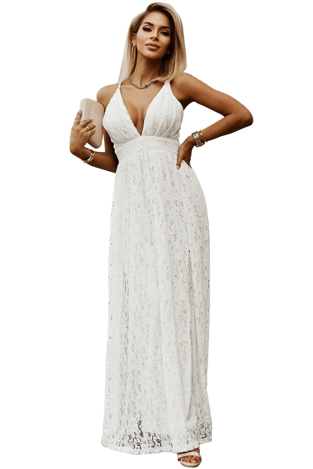 White Floral Lace Open Back Maxi Party Dress Evening Dresses JT's Designer Fashion