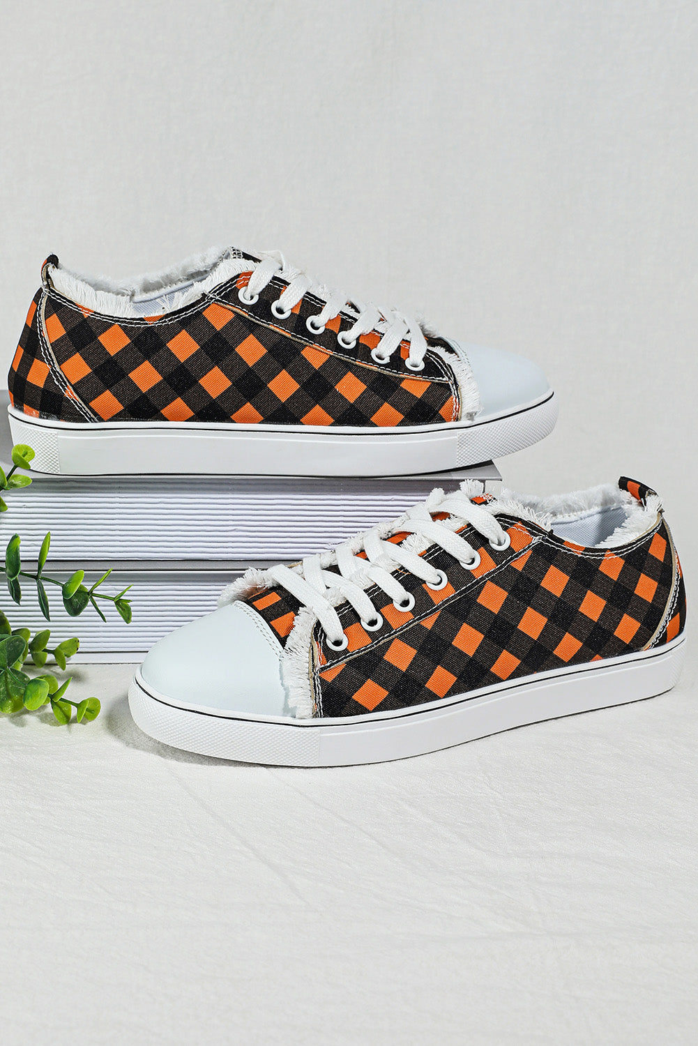 Orange Plaid Frayed Trim Lace-up Shoes Women's Shoes JT's Designer Fashion