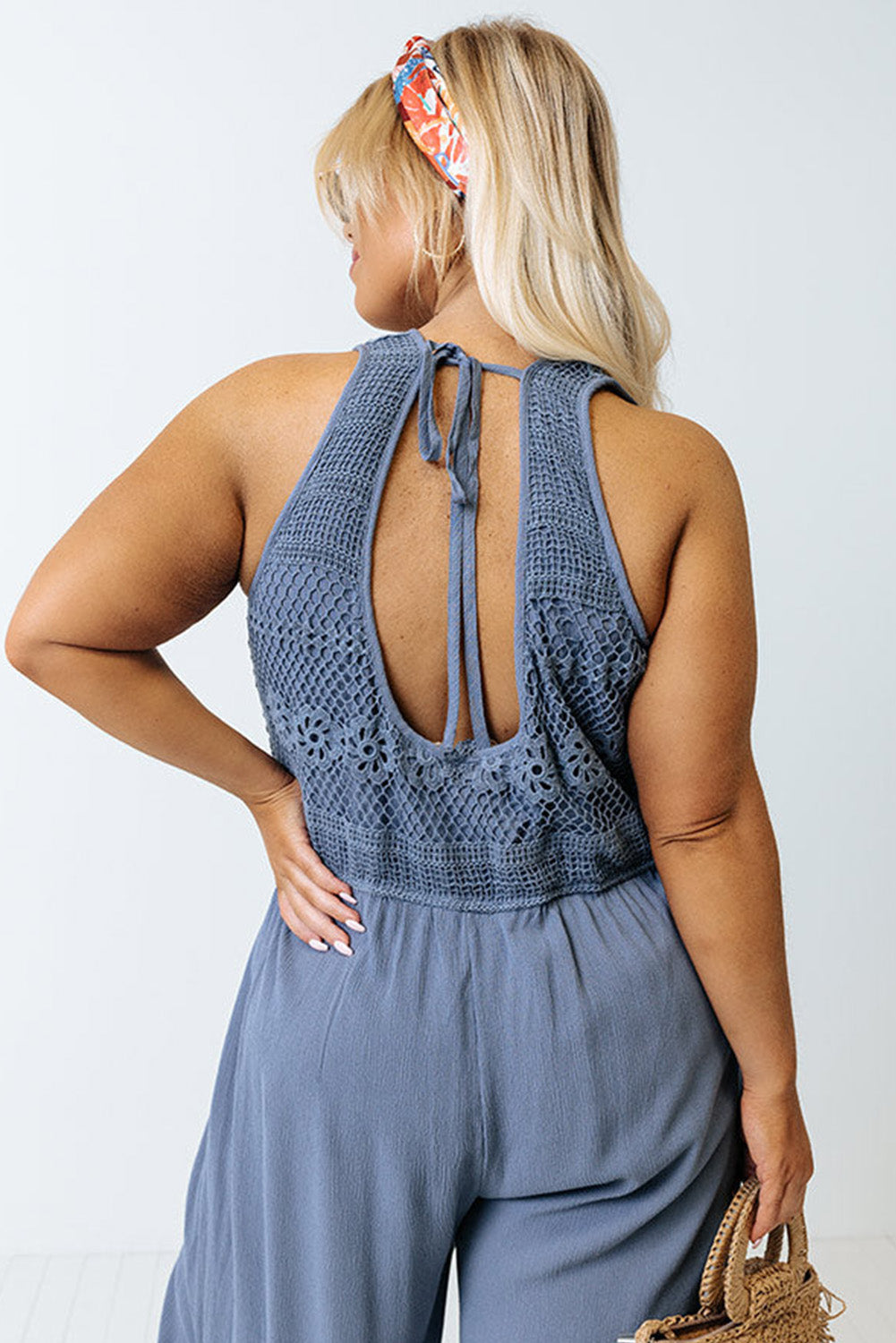 Blue Tie Back Crochet Tank Casual Plus Size Jumpsuit Plus Size Bottoms JT's Designer Fashion