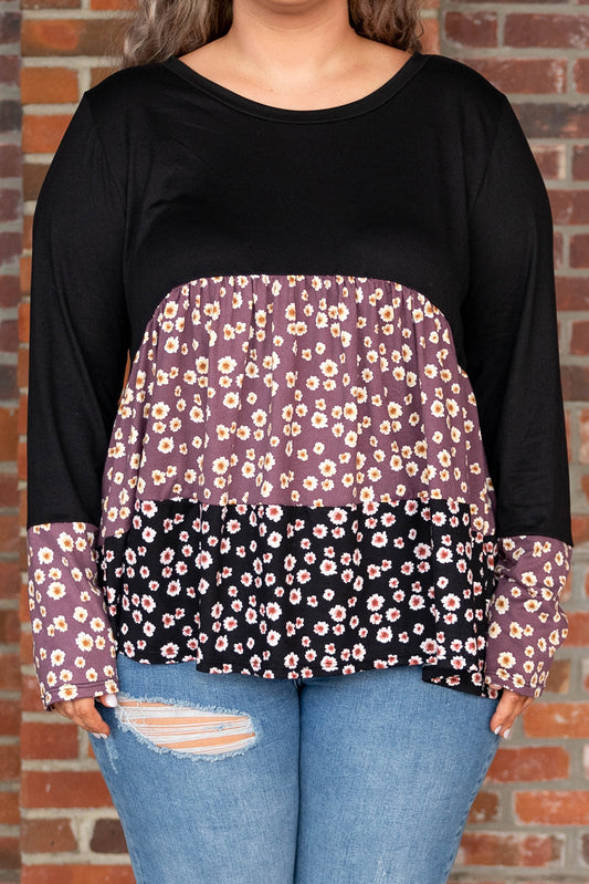 Black Floral Pattern Color Block Plus Size Pullover Top Plus Size Tops JT's Designer Fashion