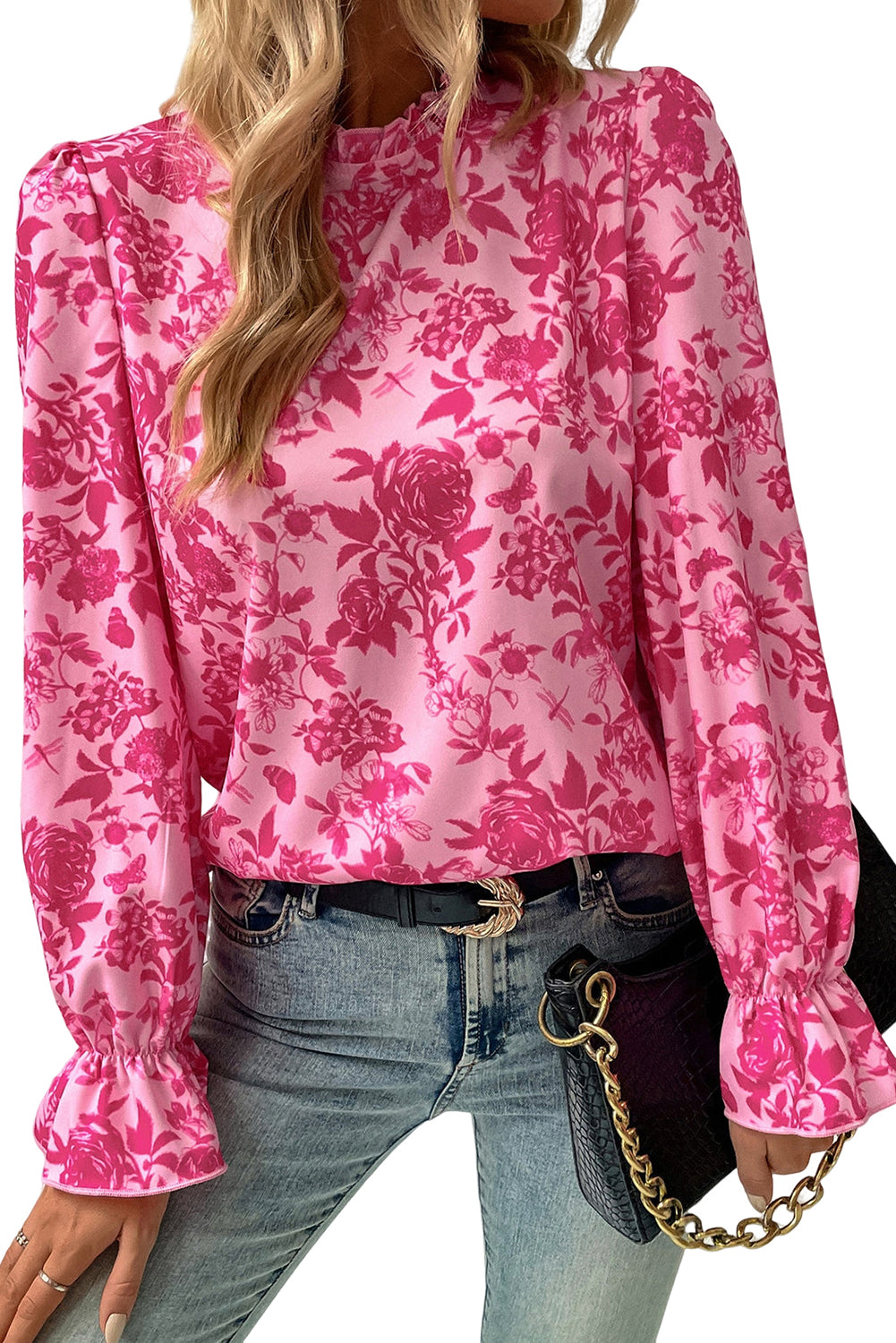 Pirouette Floral Print Frilled Neckline Flounce Sleeve Blouse Tops & Tees JT's Designer Fashion