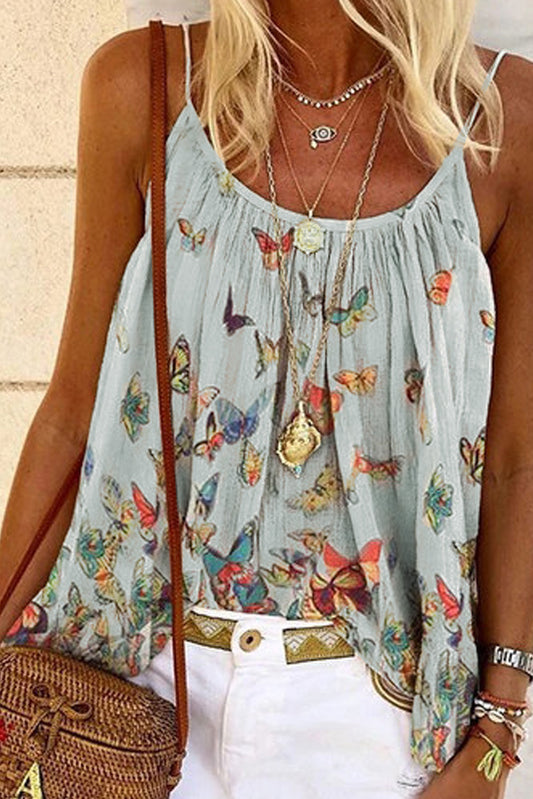 White Butterfly Print Slip Tank White 95%Polyester+5%Spandex Tank Tops JT's Designer Fashion