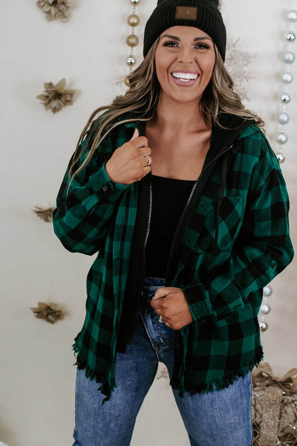 Blackish Green Plus Size Plaid Hooded Distressed Zip-Up Jacket Plus Size JT's Designer Fashion