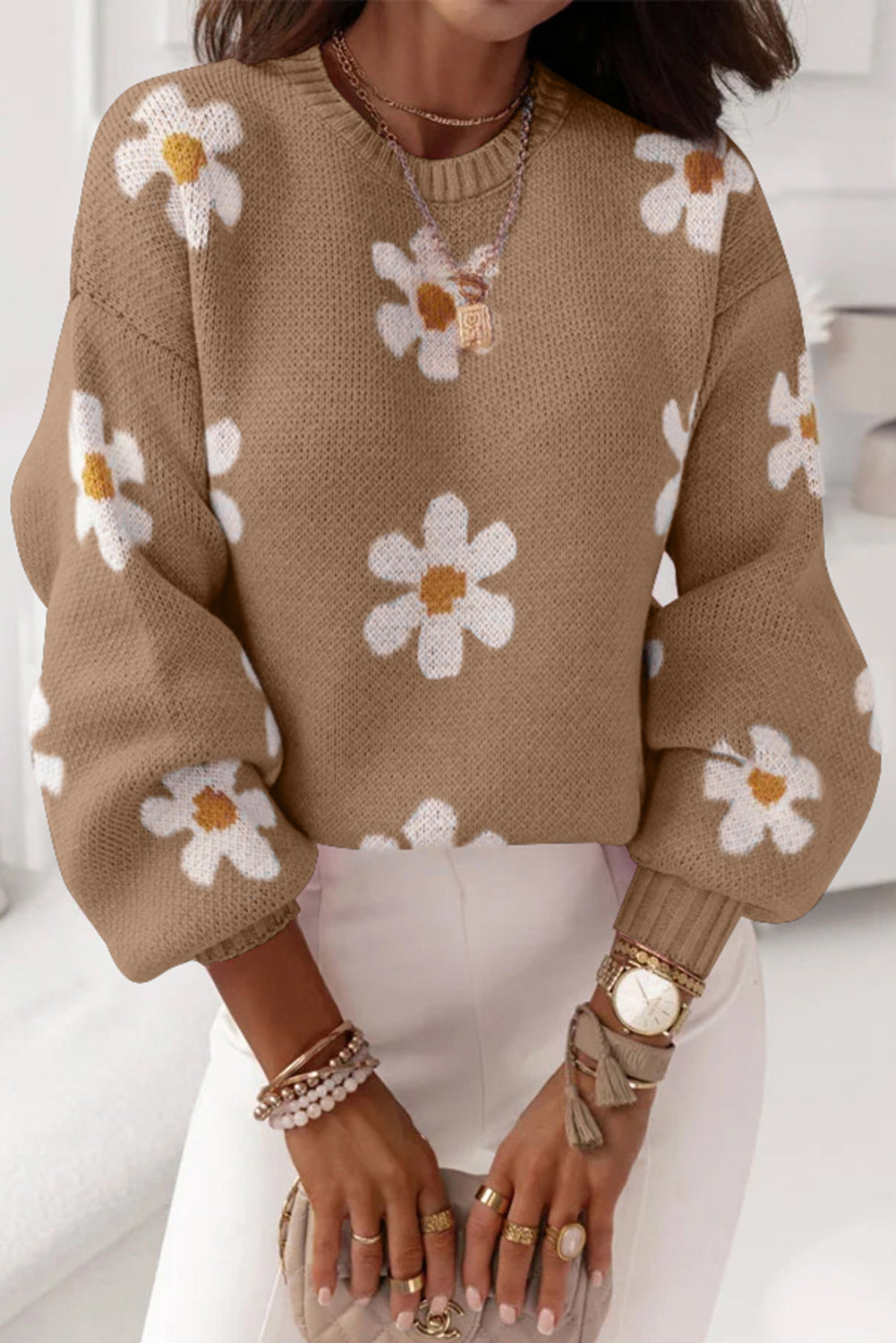 Apricot khaki Pink Floral Pattern Drop Shoulder Sweater Pre Order Sweaters & Cardigans JT's Designer Fashion