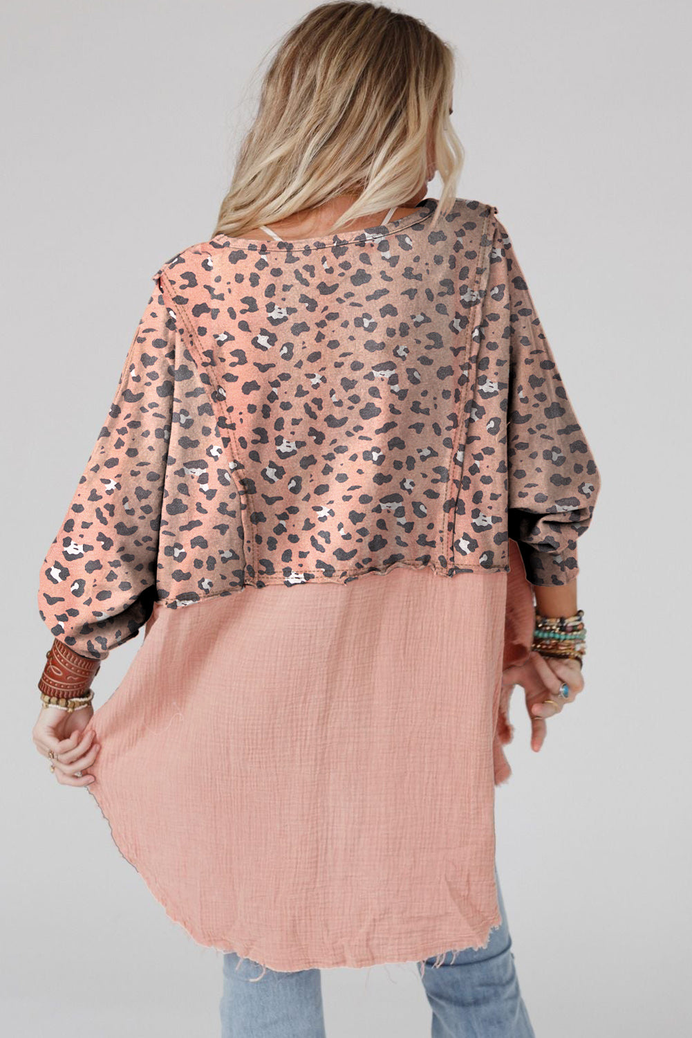 Pink Raw Edge Leopard Patchwork Oversized Blouse Blouses & Shirts JT's Designer Fashion