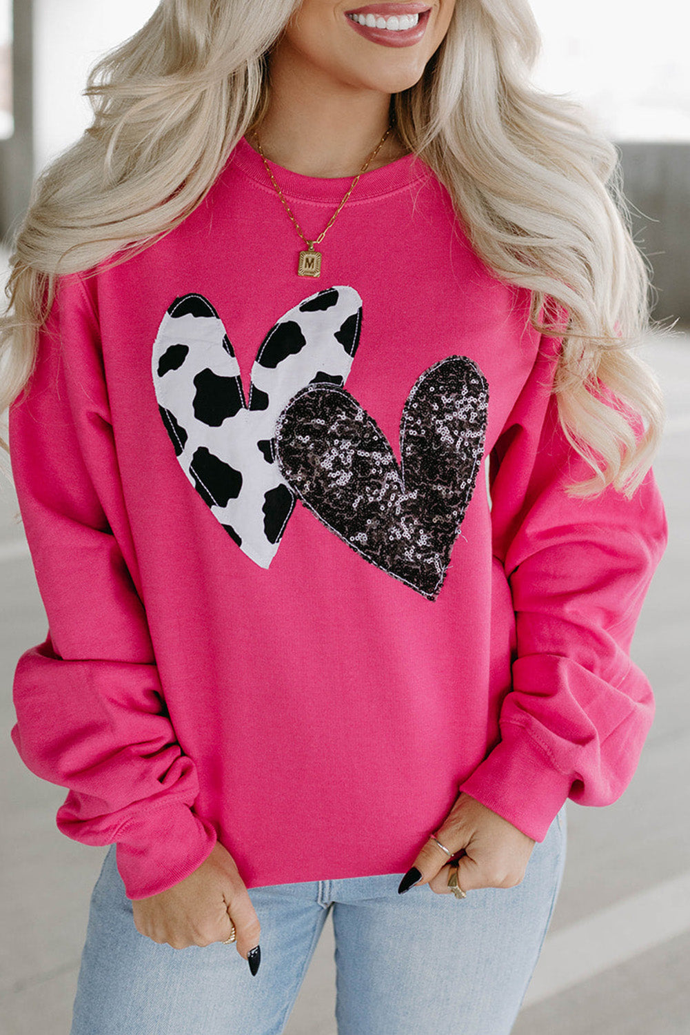 Strawberry Pink Cow & Sequin Double Heart Patch Sweatshirt Sweatshirts & Hoodies JT's Designer Fashion