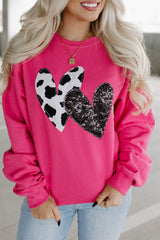 Strawberry Pink Cow & Sequin Double Heart Patch Sweatshirt Sweatshirts & Hoodies JT's Designer Fashion