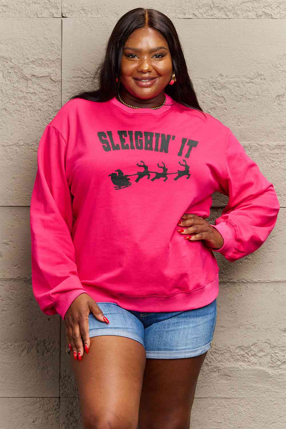 Simply Love Full Size SLEIGHIN' IT Graphic Sweatshirt Deep Rose Graphic Sweatshirts JT's Designer Fashion