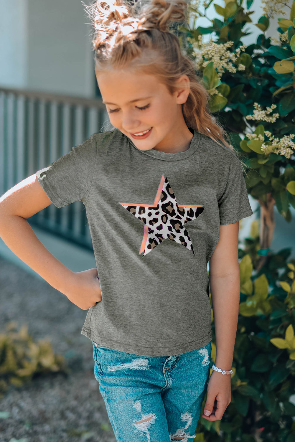 Gray Leopard Star Print Kid's Short Sleeve T-Shirt Family T-shirts JT's Designer Fashion