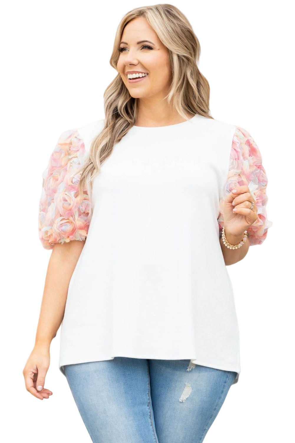 White Plus Size 3D Florets Bubble Sleeve Top Plus Size Tops JT's Designer Fashion