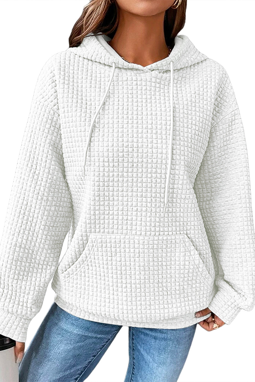 White Lattice Textured Kangaroo Pocket Drawstring Hoodie Pre Order Sweatshirts & Hoodies JT's Designer Fashion