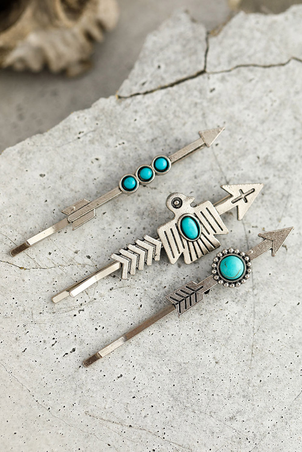 Silvery Retro Turquoise Arrow Western Hair Clips Set Headwear JT's Designer Fashion