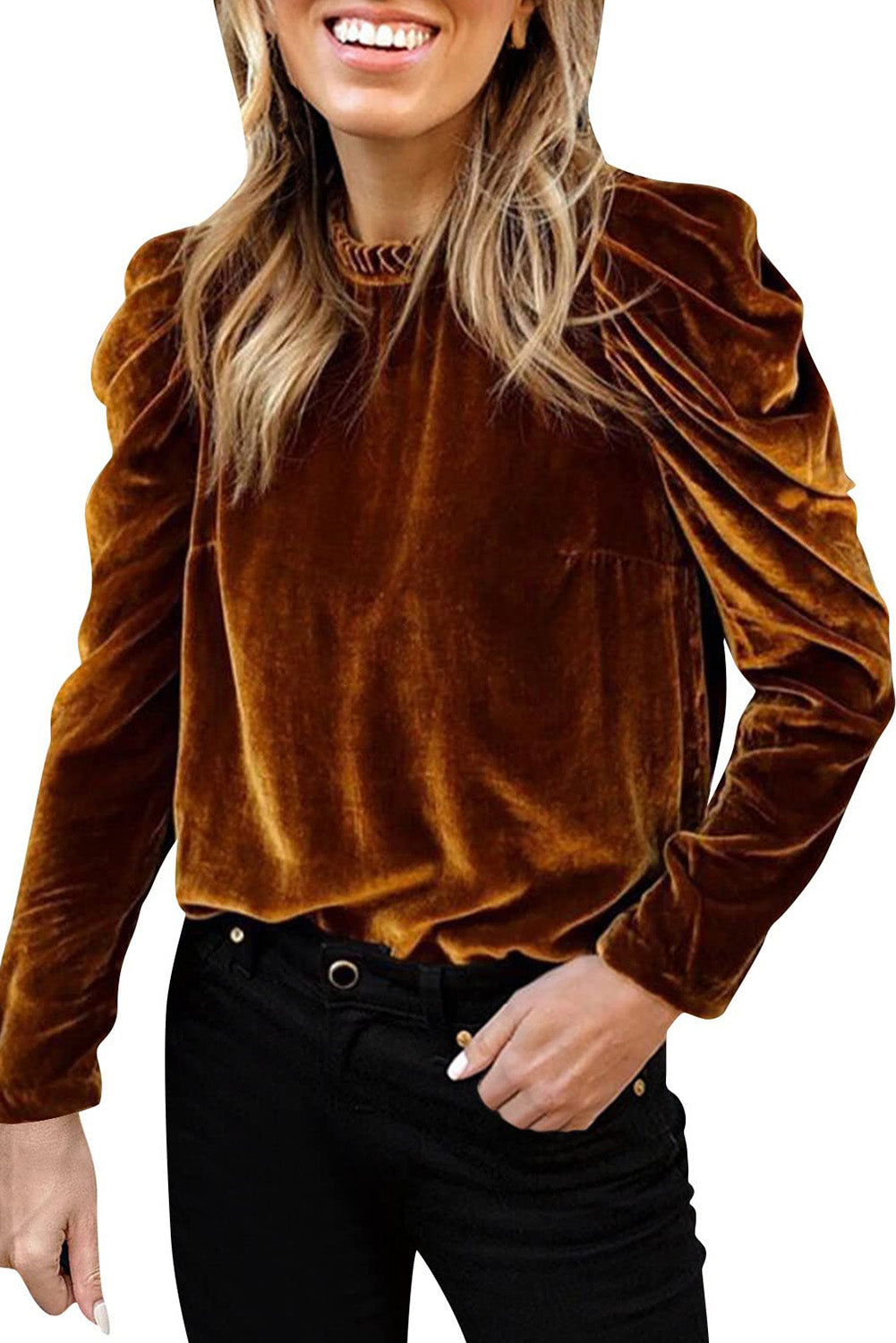 Chestnut Velvet Frilled Collar Puff Sleeve Top Tops & Tees JT's Designer Fashion