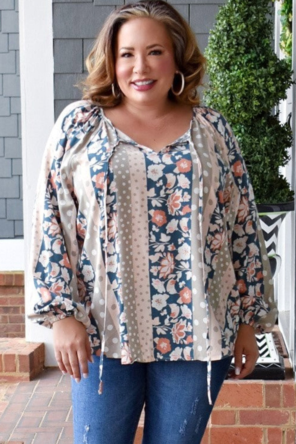 Multicolor Plus Size Mixed Print Split Neck Blouse Plus Size JT's Designer Fashion