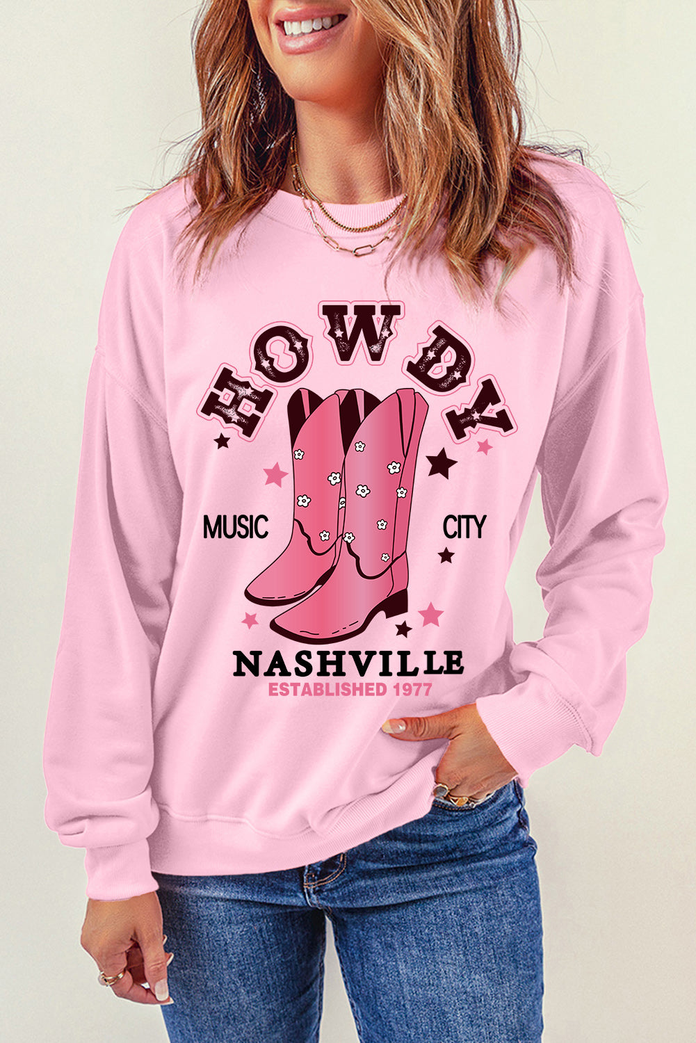 Pink HOWDY NASHVILLE Vintage Western Graphic Sweatshirt Graphic Sweatshirts JT's Designer Fashion