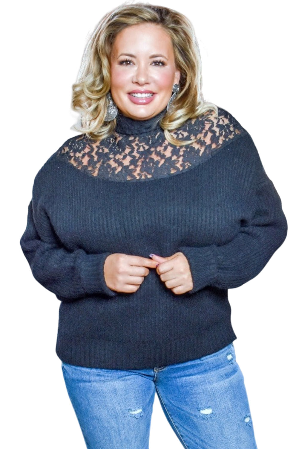 Black Plus Size Ribbed Knit Lace Splicing High Neck Sweater Plus Size JT's Designer Fashion