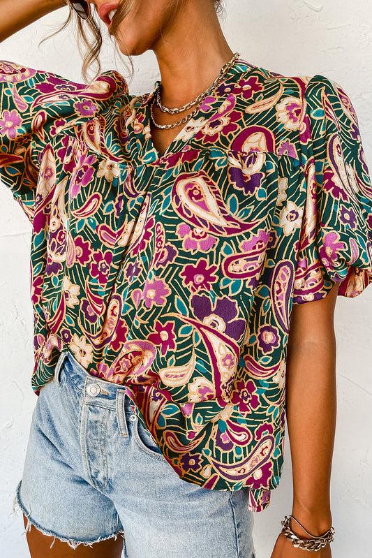 Green Paisley Floral Printed V Neck Puff Sleeve Blouse Tops & Tees JT's Designer Fashion