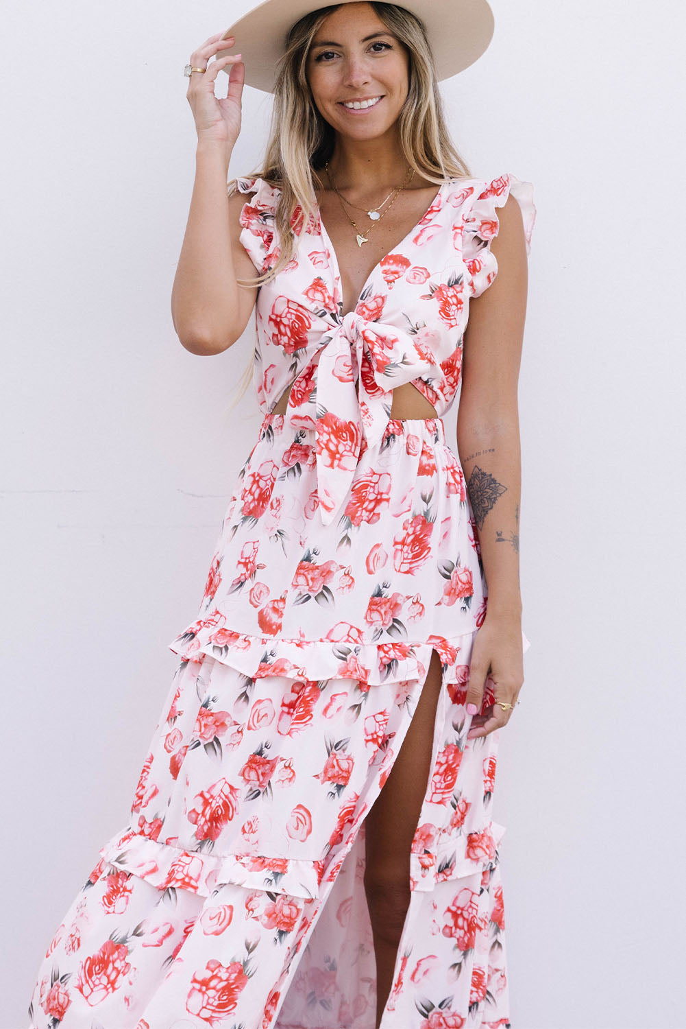 Pink Floral Print Front Knot Side Slit Dress Floral Dresses JT's Designer Fashion