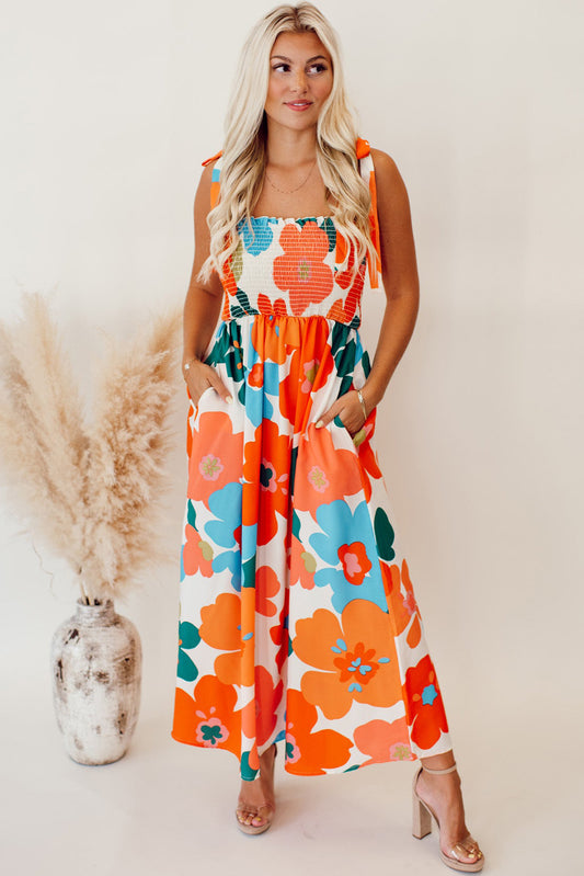 Orange Floral Self Tied Straps Smocked Bust Maxi Dress Dresses JT's Designer Fashion