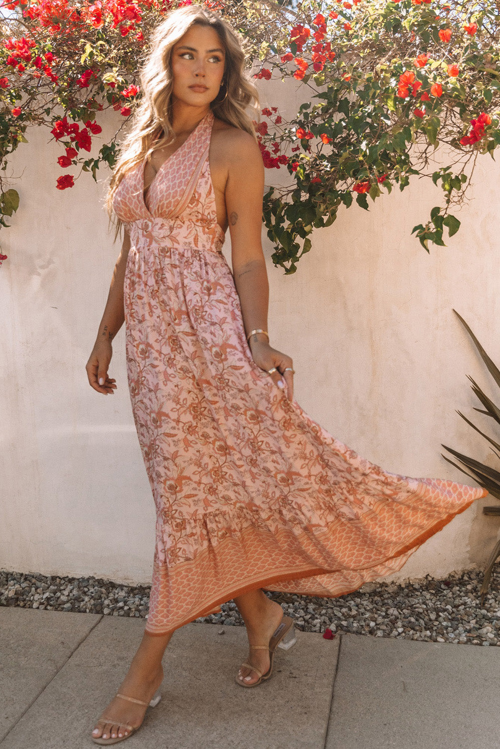 Pink Flora Print Halter Neck Tie Back Maxi Dress Floral Dresses JT's Designer Fashion