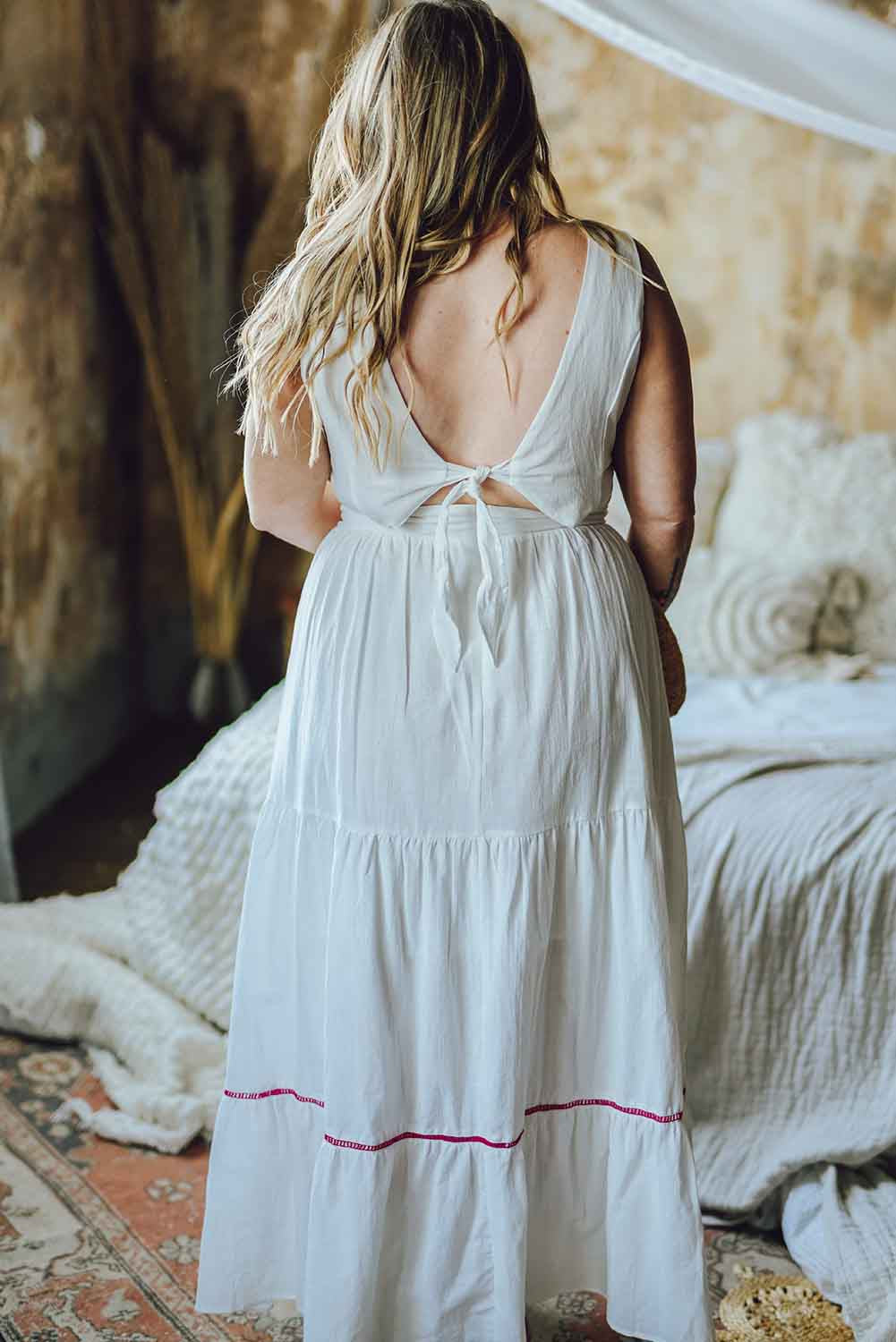 White Embroidered Knotted Open Back Plus Size Maxi Dress Plus Size JT's Designer Fashion