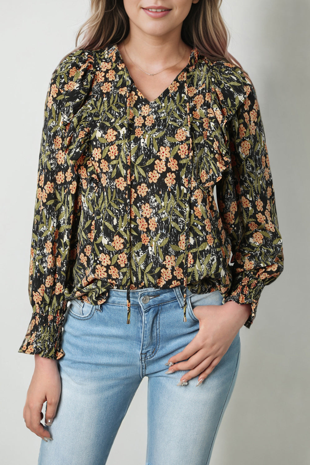 Black Plus Size Split Neck Ruffled Bubble Sleeve Floral Blouse Blouses & Shirts JT's Designer Fashion