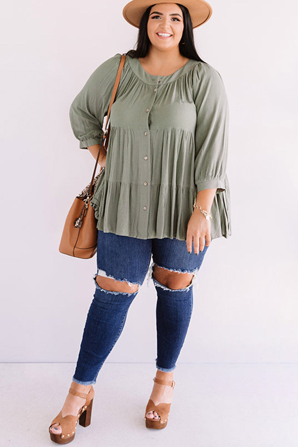 Green Button Down Split Neck Plus Size Ruffle Tiered Shirt Plus Size JT's Designer Fashion