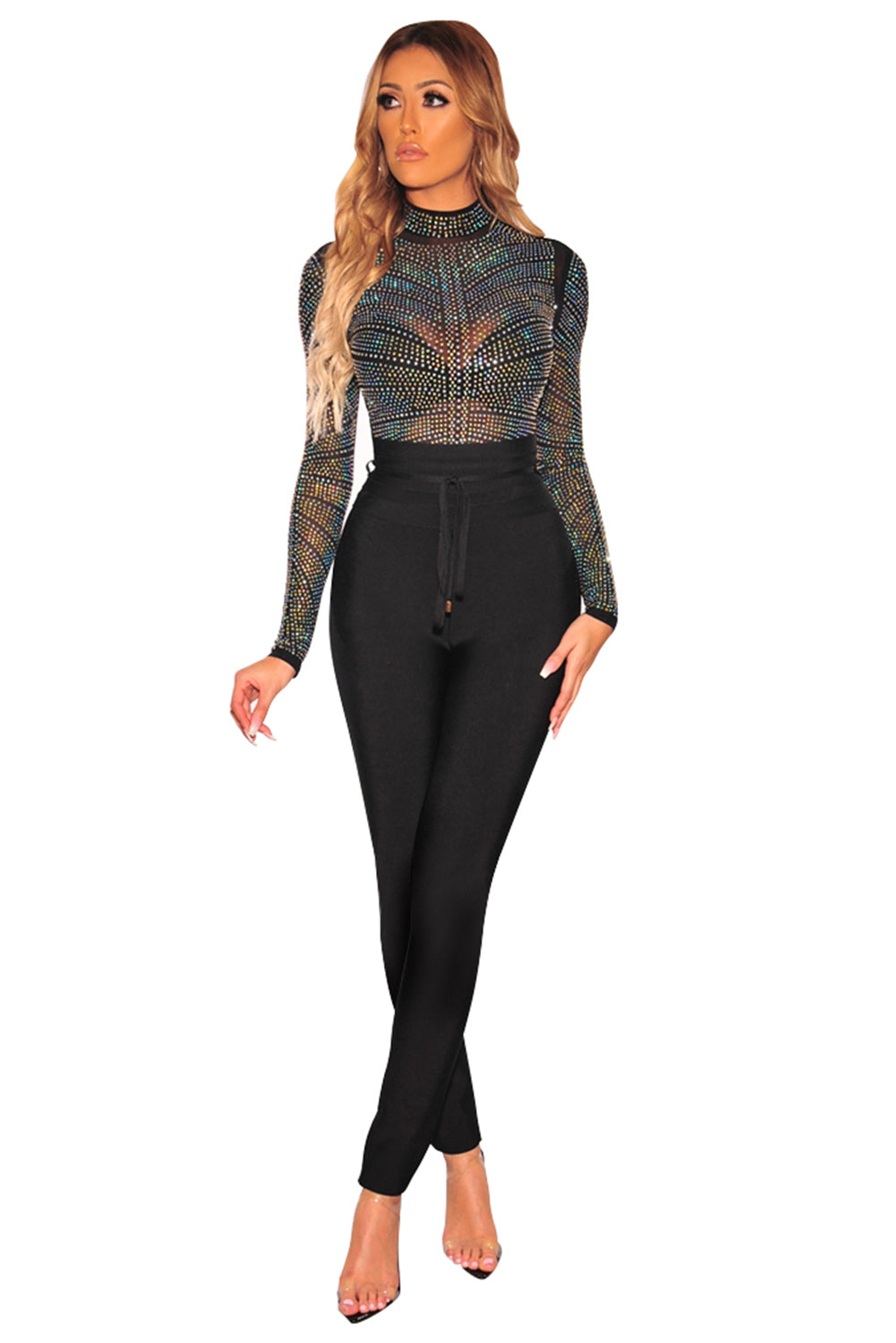 Black Iridescent Silver Rhinestone Studded Mock Neck Bodysuit Bodysuits JT's Designer Fashion